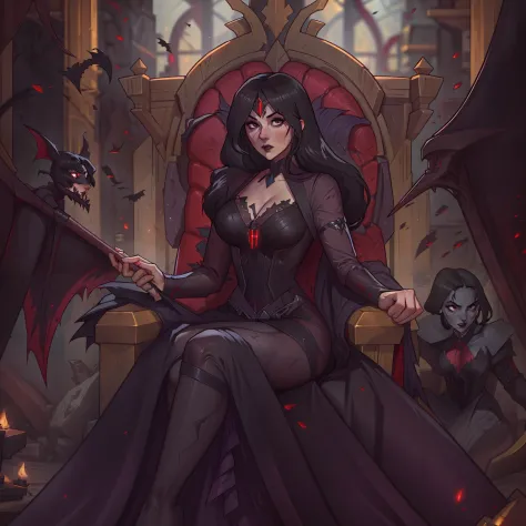 female vampire countess, evil, has long black hair, wearing regal black dress, sitting on throne