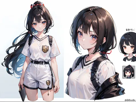 ((Masterpiece, Highest quality)), Detailed face, CharacterDesignSheet， full bodyesbian, Full of details, Multiple poses and expressions, Highly detailed, Depth, Many parts，the girl with black hair，long whitr hair，Low ponytail，white short sleeve，brown short...