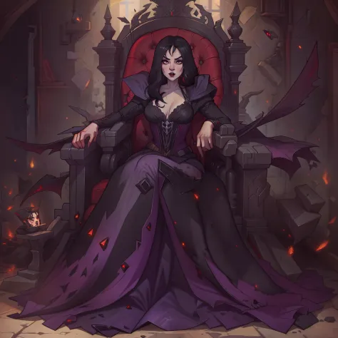 female vampire countess, evil, has long black hair, wearing regal black dress, sitting on throne