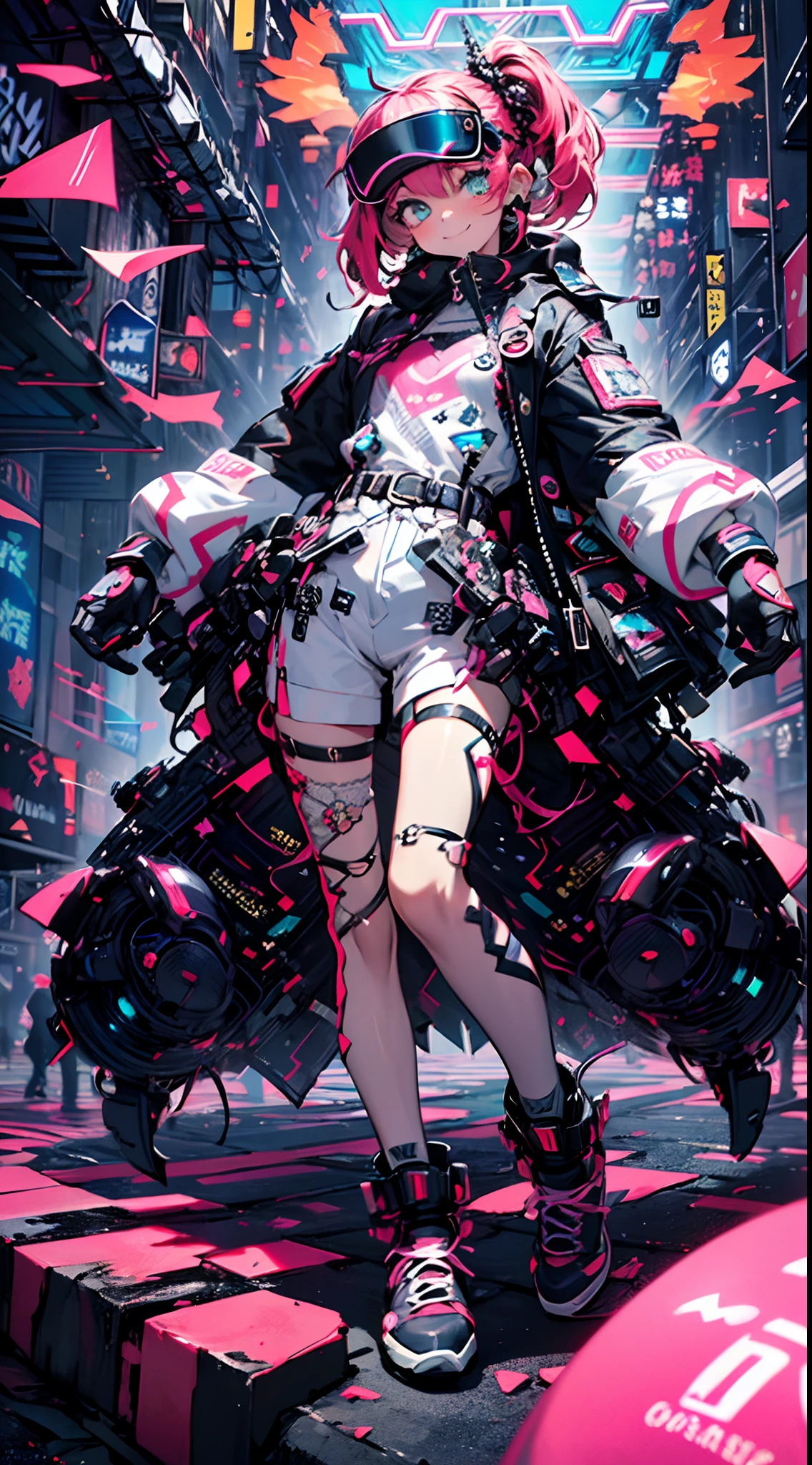 (cyberpunked),Optical camouflage、VR Goggles、Neon light、City of the Future、Jumpsuit、(1girl in, Solo:1.6),(Cute smile),(Clothes are simple), (Best Impact:1.5), (maximalism:1.7), Vivid contrast, (Realistic), hyperrealistic illustrations, hight resolution, ultra-detailliert, absurderes,(Fractal Art:1.3)、Random hairstyle、Random hair color colorful、FULL BODYSHOT、Retro、Precise focus、randome pose、cinema4d、Drama