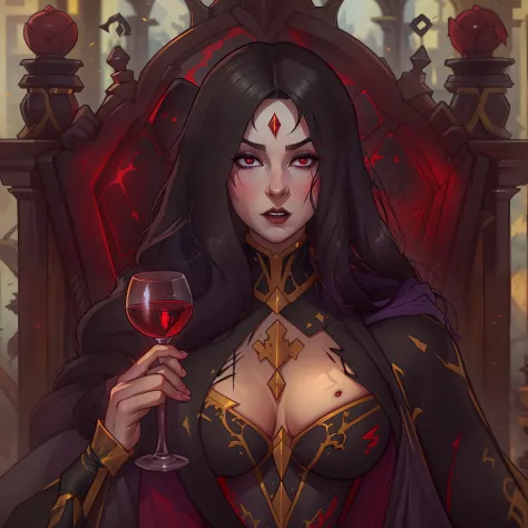 female vampire countess, evil, has long black hair, wearing regal gold lined black dress, sitting on throne, has red eyes, holding a wine glass full of blood