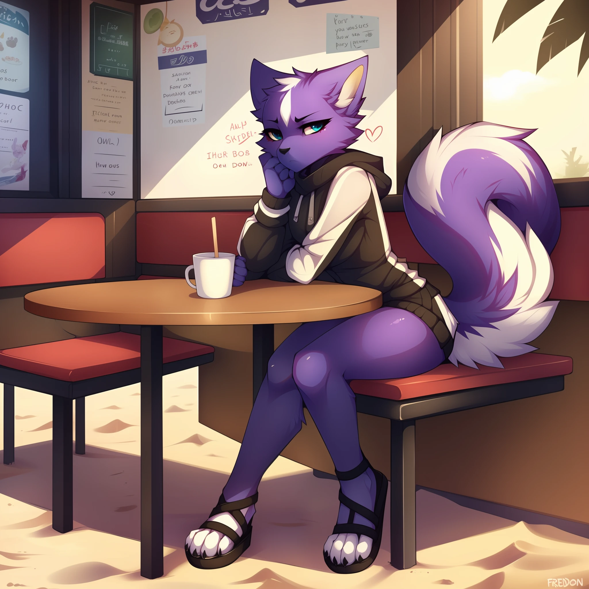 Female Shikabane, cute face cute body, sitting at a booth, in a restaurant,  (pouting:1.2), visibly upset, (looking away from viewer:1.3), by teranen, by freeedon, high quality, wearing black biki, black sandals, paws, paw claws, 4 toes, arms to her side, walking down a beach boardwalk, slender body