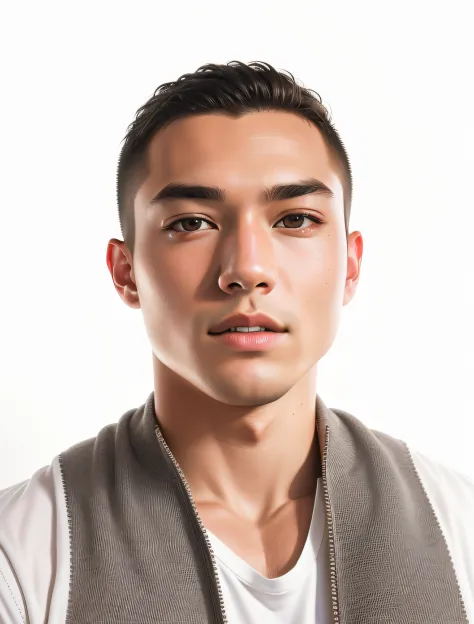 1man, a young muscular male wearing a white shirt, (high detailed skin:1.2), in camera studio with 3 flash, soft lighting, maste...