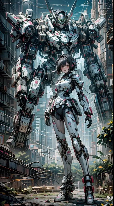 ((Best Quality)), ((Masterpiece)), (Very Detailed:1.3), 3D, Shitu-mecha, Beautiful cyberpunk woman with her pink mech in the rui...