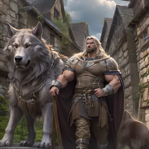 nordic muscle, rei, montando um lobo gigante, usando uma capa de pele, em uma cidade medieval, full hd, detalhado, ultra realist...