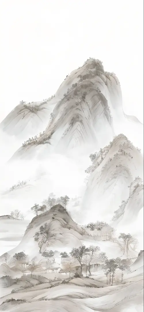 Drawings of mountains with trees and rivers in the foreground, Inspired by Ma Yuan, Chinese landscape, inspired by Sōami, inspired by Yuan Jiang, inspired by Huang Binhong, inspired by Li Keran, inspired by Wang Jian, author：Wang Lu, inspired by Shen Shich...