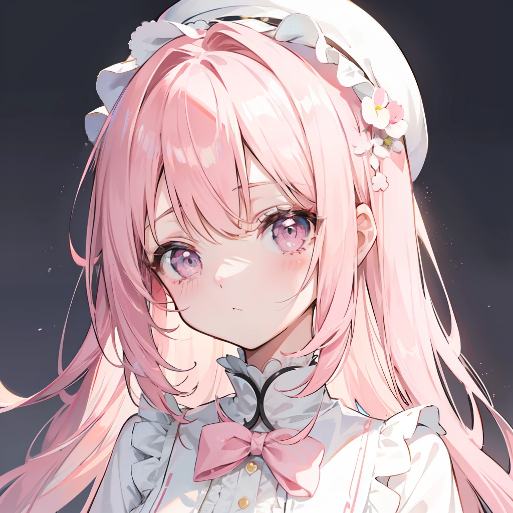 light pink，Very smooth hair，Wearing Lolita in white and light pink，It looks very light，Milky whoops，Very cute，There is a gentle temperament，It's a cute girl