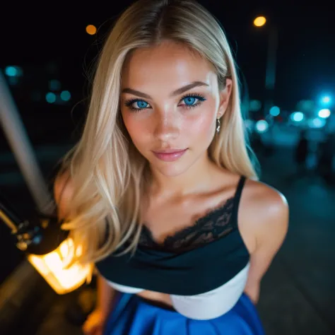 (selfie, top view: 1.4), (straight half of the body: 1.4), RAW UHD portrait photo of a 24-year-old blonde (blue-eyed woman) walking down a dark alley, large breasts,, city at night, (skirt), (neckline), details (textures! , hair! , glitter, color!! , disad...