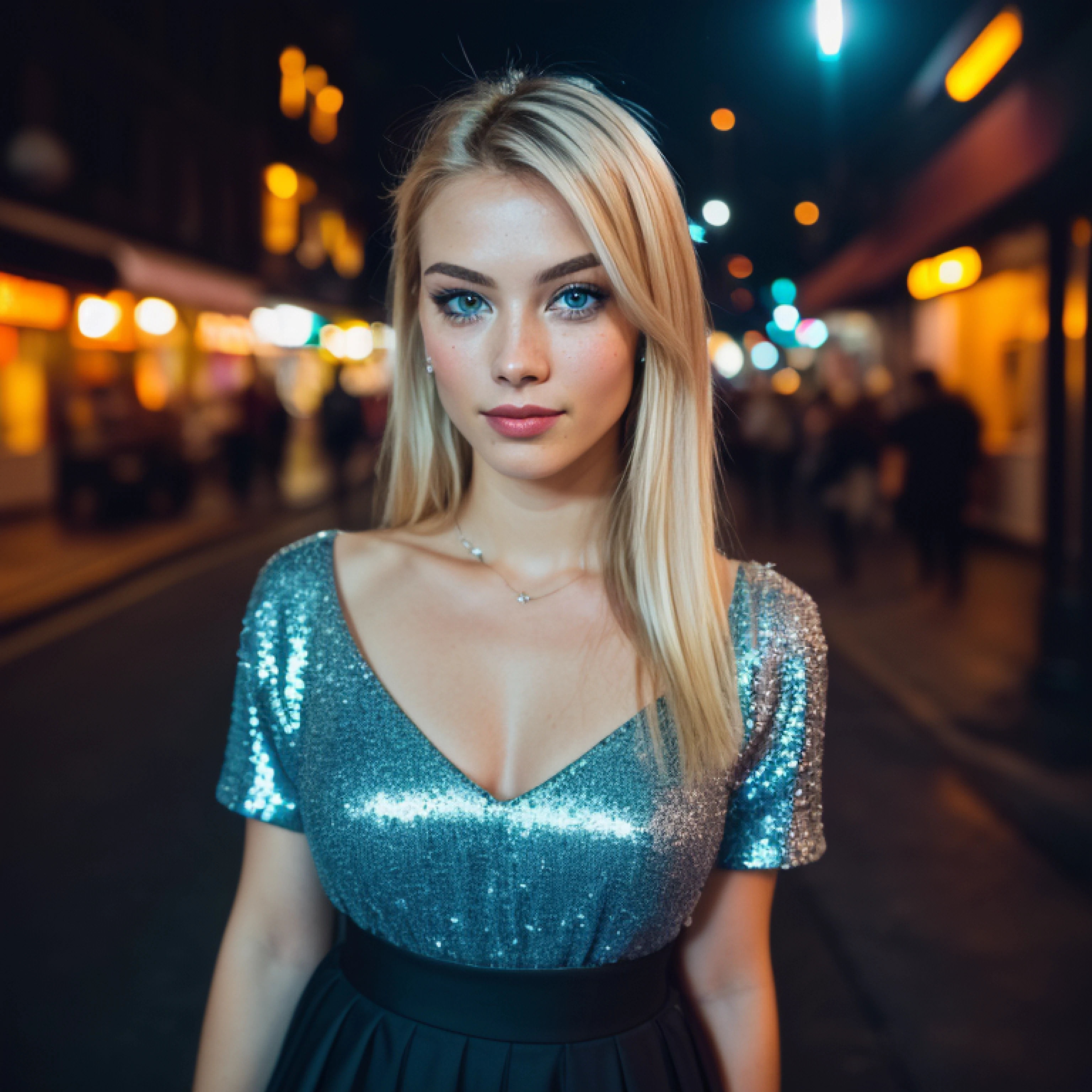 (selfie, top view: 1.4), (straight half of the body: 1.4), RAW UHD portrait photo of a 24-year-old blonde (blue-eyed woman) walking down a dark alley, large breasts,, city at night, (skirt), (neckline), details (textures! , hair! , glitter, color!! , disadvantages: 1.1), glossy eyes with high detail (looking at the camera), SLR lighting, SLR camera, ultra-quality, sharpness, depth of field, film grain (center), Fujifilm XT3, crystal clear, frame center, beautiful face, sharp focus, street lamp, neon lighting, bokeh (dimly lit), night, (night sky), detailed skin pores, oily skin, sunburn, complex eye details, full body