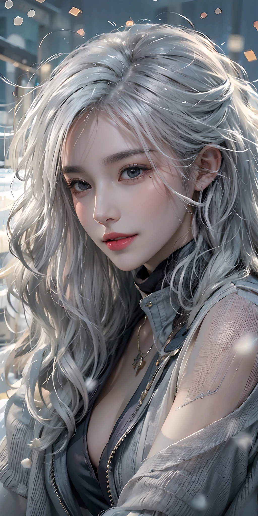 photorealistic, high resolution, soft light,1women, solo, hips up, shining skin, (detailed face),tattoo, jewelry, winter wear, coat, snow, night, white hair, wavy hair, Beautiful Soldier, Eyes That Invite Viewer, Lover's Perspective, Inviting Expression, Sexy Smile, Perfect Style, Perfect Balance, Detailed Skin, Naughty Gaze, Chest Visible