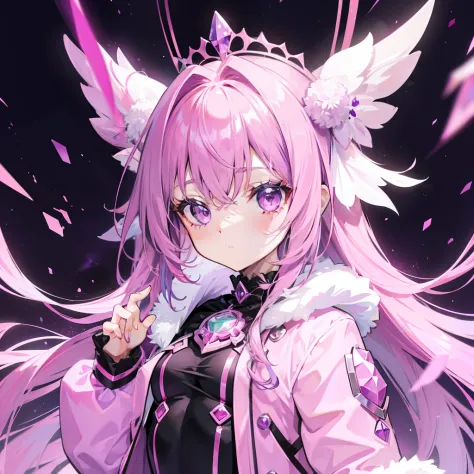 A pink-purple shiny hair，Purple-pink crystal eyes，A pink cotton coat，Dotted with many purple crystals，Looks lively, Cute and cute，This is a loli sweet girl