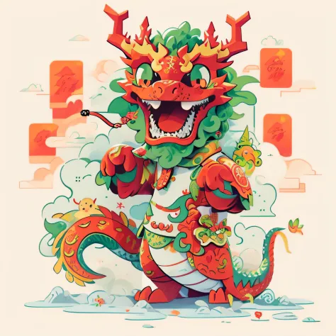 Illustration of a red-nosed green-tailed dragon, smooth chinese dragon,chinese dragon concept art,  cyan chinese dragon fantasy,...