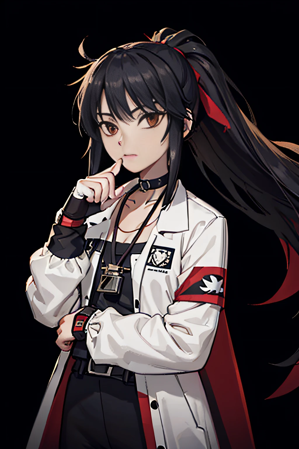 blacksilk,Long hair, Black hair, Messy hair, red highlights,choker necklace，High ponytail，Earphone，A-Cup,cropped shoulders，wind coat，，arm guards，Headsets，balmy，dishiveredhair，arm guards，arm belt，obi strip，belt，Pocket，Call the device，Cross necklace，head gear，Black gloves，Strap headphones，Strap，Pocket，Headbands，Issuing，athletic sneakers，Long legs，leg loops，thongs，