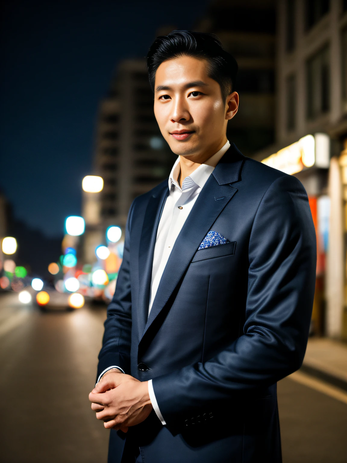 原始照片, 晚上穿着衣服的男人站在街上, 穿着深蓝色剪裁夹克, 33岁韩国人, (高細節肌膚:1.2), 8小時, 數位單眼, 柔和的燈光, 高品質, 上半身特寫