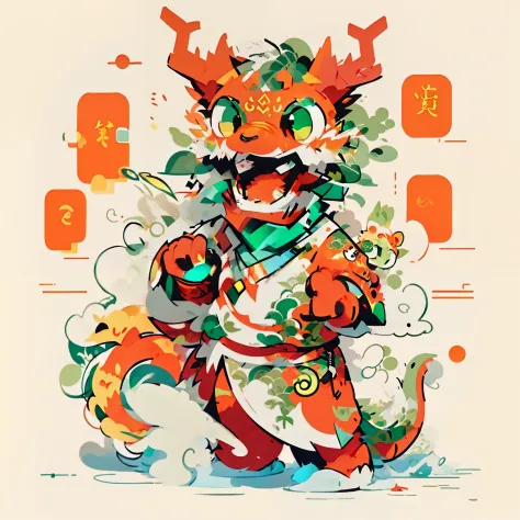 Illustration of a red-nosed green-tailed dragon, smooth chinese dragon,chinese dragon concept art,  cyan chinese dragon fantasy, anthropomorphic dragon, Kirinhado's style graffiti art