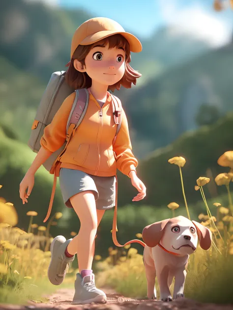 cartoon girl walking with a dog on a trail in a field, small character. unreal engine 5, animation style render, atey ghailan 8 ...