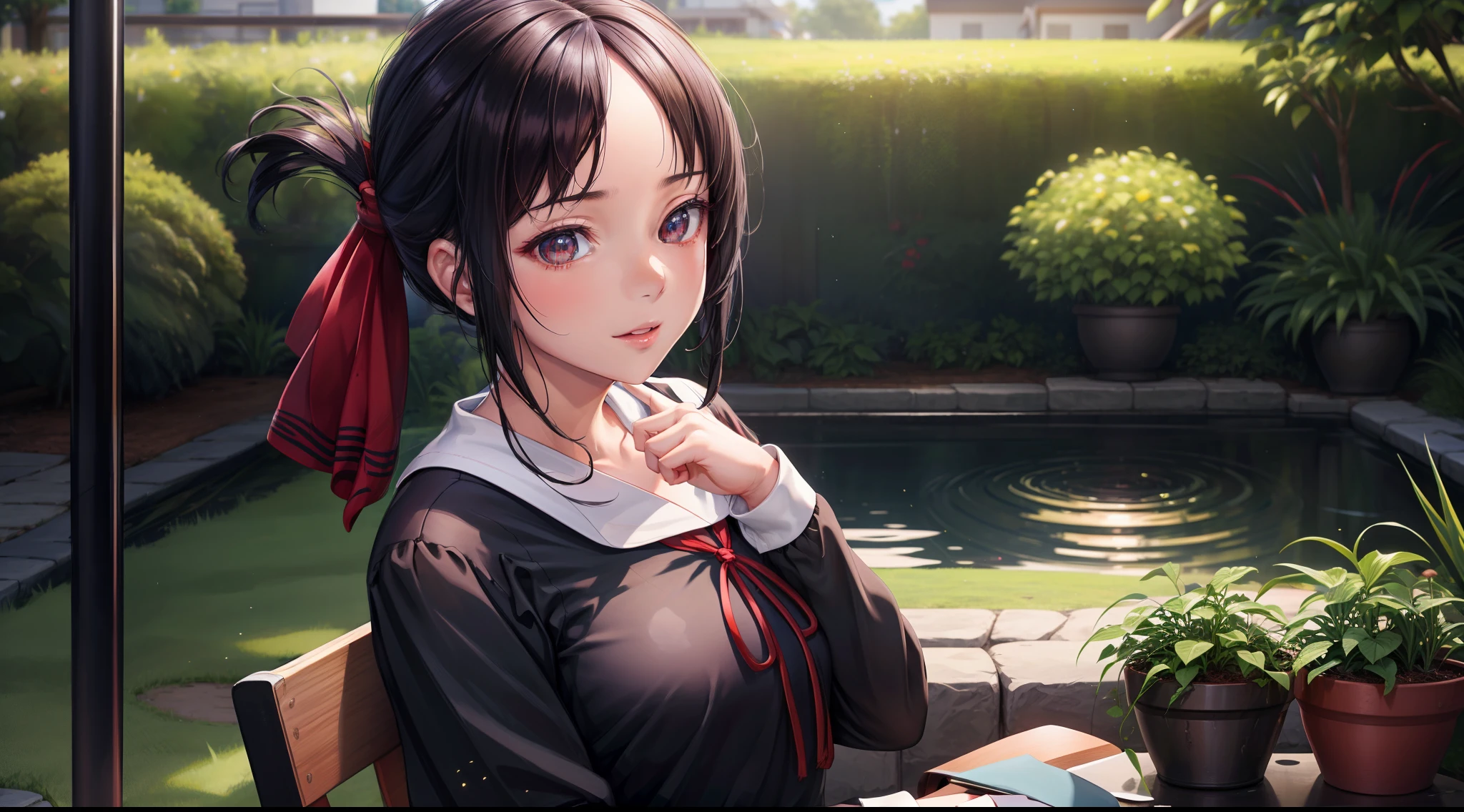focused upper body, 1 girl, sitting pose, kaguya, school outfit, sparkling eyes, black hair, garden background, nice perfect face with soft skin, intricate detail, 8k resolution, masterpiece, 8k resolution photorealistic masterpiece, professional photography, natural lighting, detailed texture