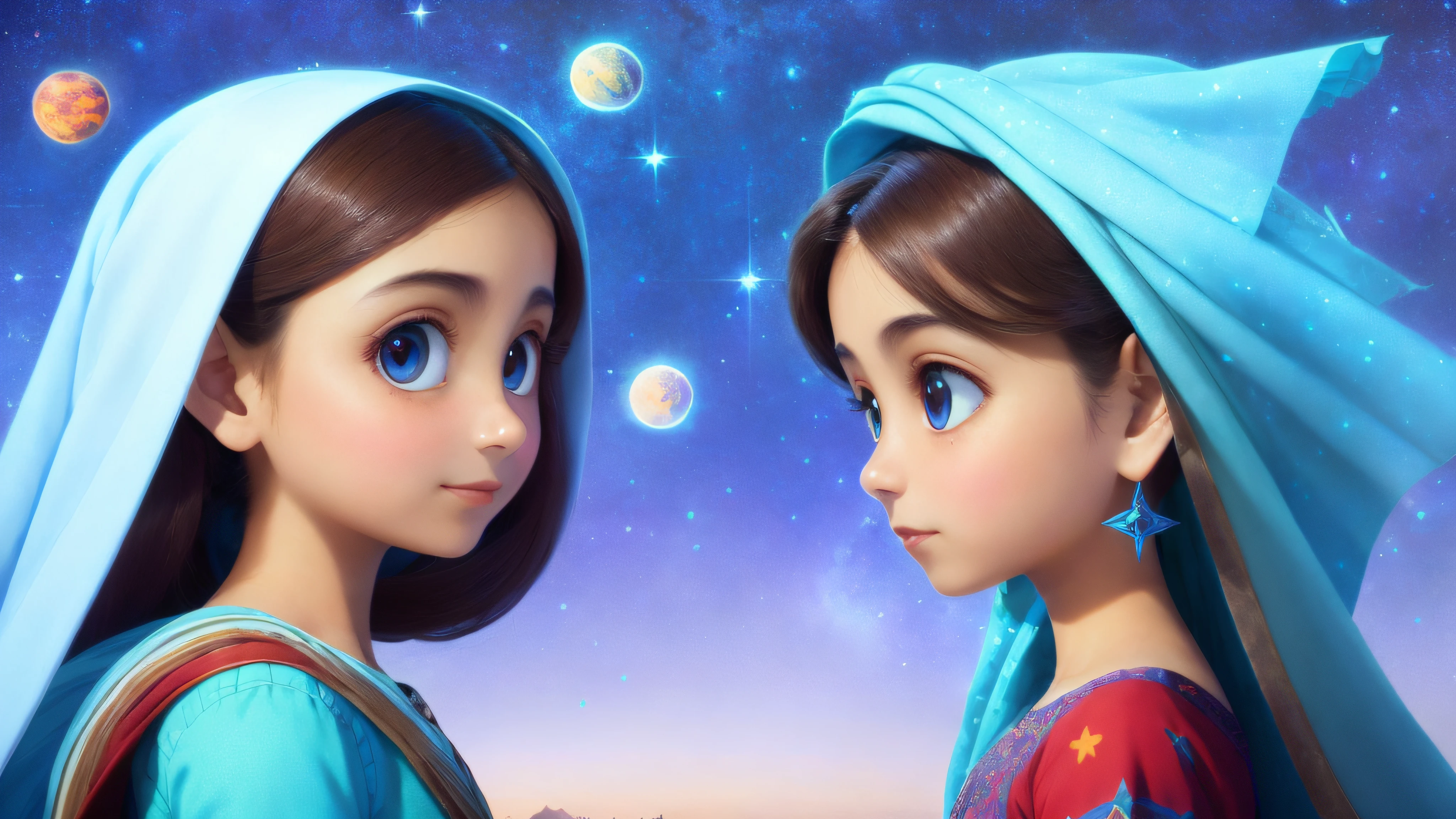 beautiful afghan girl, side view, disney pixar style, rotation, style, right, -- auto -- s2, (magical) tree of life galaxy, (night sky), (stars), artwork, (space dust ), (nebula), concept art, high resolution, high detail, complex, (masterpiece: 1.2), (best quality: 1.2)