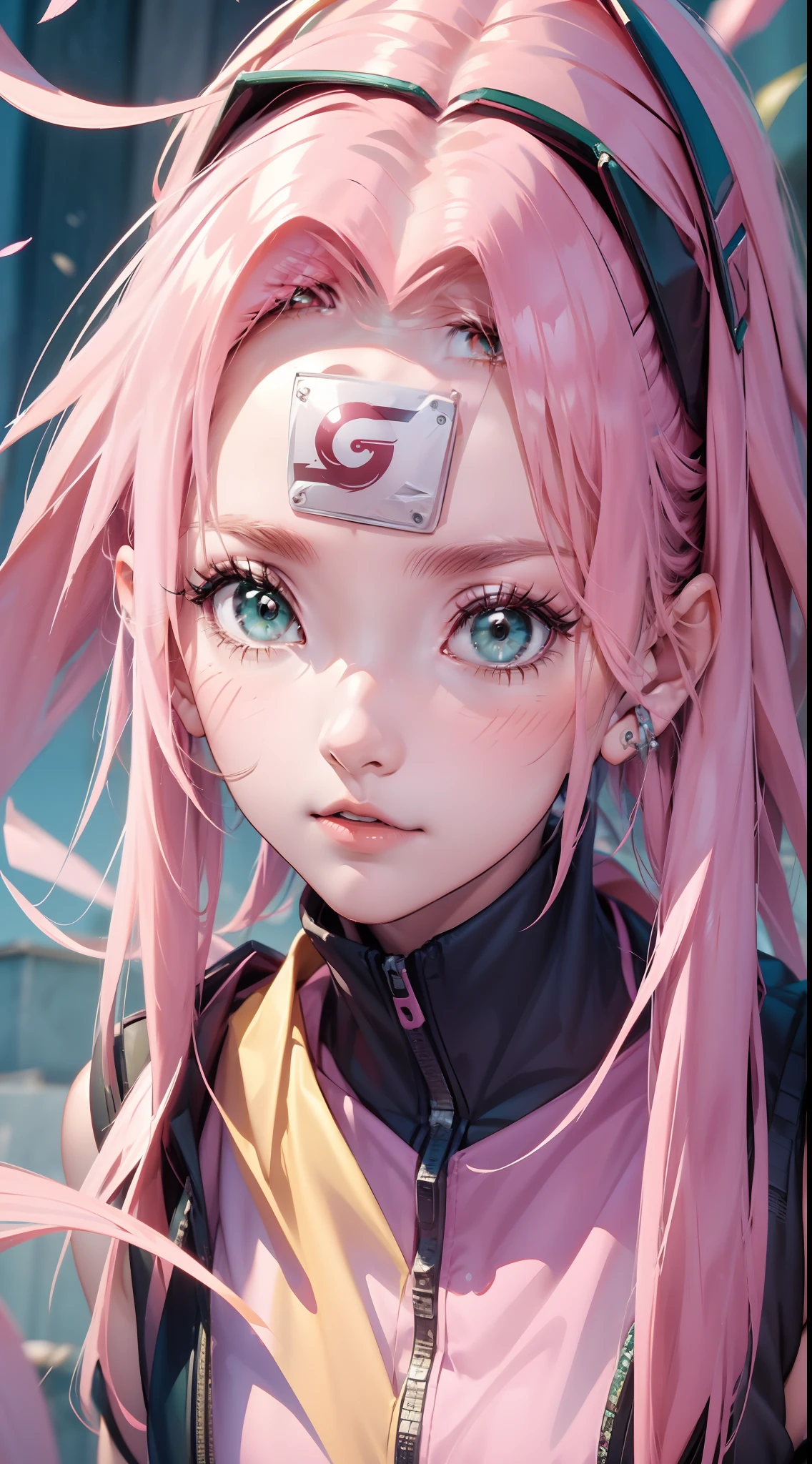 Animate《Naruto》Sakura Haruno in the middle，1girll，Solo,The upper part of the body，dynamicposes，Perfect facial features，delicated face，greene eyes，Run，combats，best qualtiy，tmasterpiece，8K，