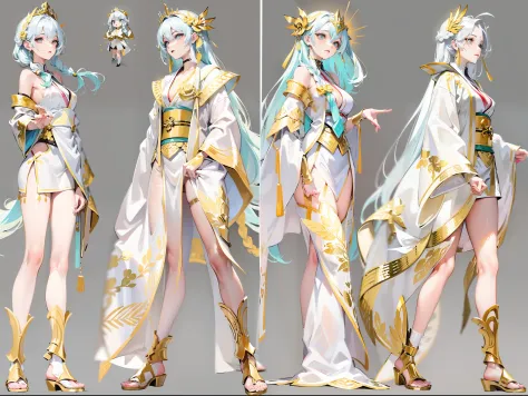 ((Masterpiece, Highest quality)), Detailed face, CharacterDesignSheet， full bodyesbian, Full of details, Multiple poses and expressions, Highly detailed, Depth, Many parts，A beautiful girl with white hair，Tie-double twisted braids，He wears a golden hairpin...