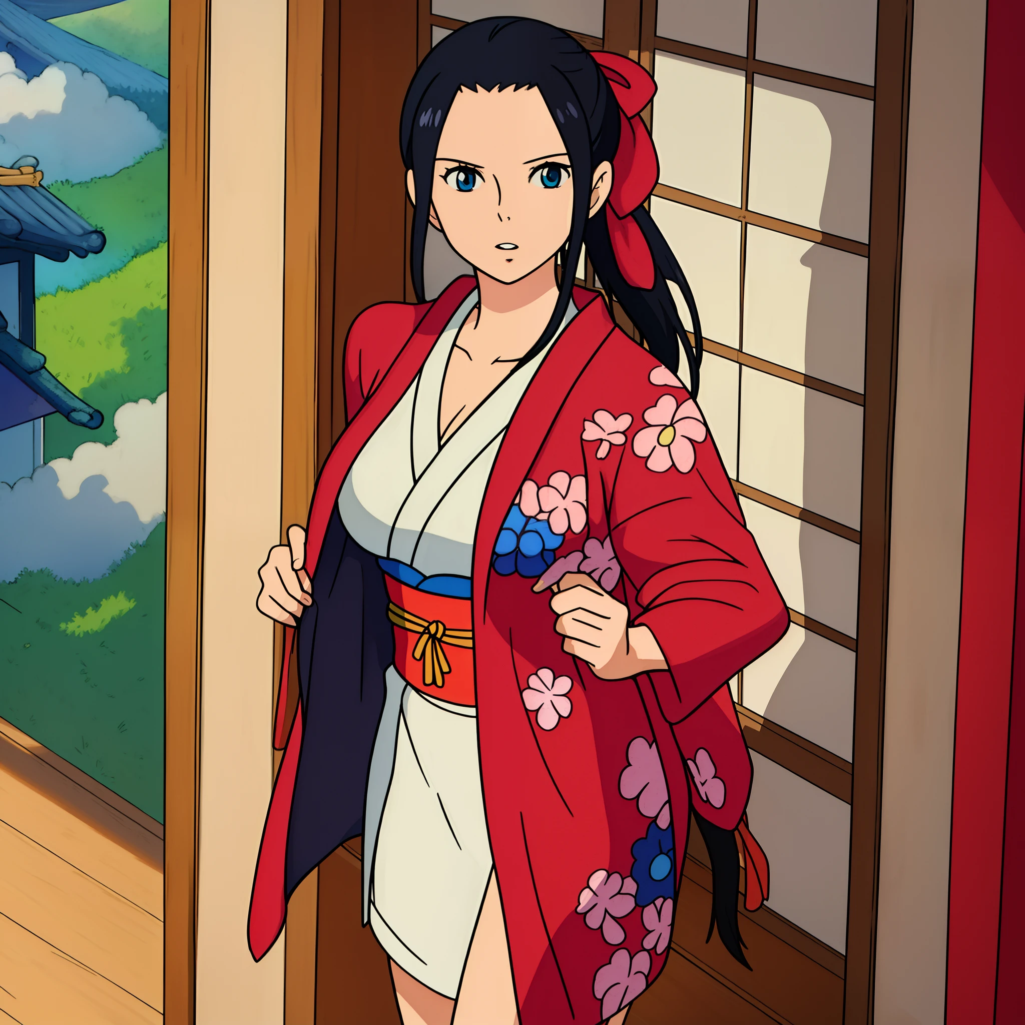 ((best quality)), ((masterpiece)), ((detailed background)), ((high quality illustration)), nico robin, wanostyle, 1girl, black hair, ((black jacket)), blue eyes, breasts, cleavage, collarbone, hair ribbon, (jacket, jacket on shoulders, japanese clothes, kimono), large breasts, long hair, looking at viewer, obi, parted lips, ponytail, (print jacket, print kimono, red ribbon, ribbon, sash), solo, thighs, indoors, white kimono, miyazaki hayao