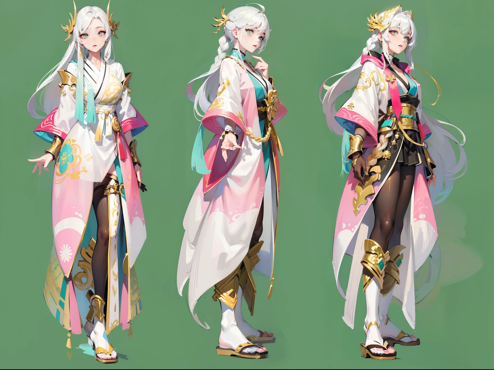 ((Masterpiece, Highest quality)), Detailed face, CharacterDesignSheet， full bodyesbian, Full of details, Multiple poses and expressions, Highly detailed, Depth, Many parts，A beautiful girl with white hair，Tie-double twisted braids，He wears a golden hairpin，Wearing a white and pink and gold kimono，Behind him is a cyan and gold cloak，The lower body is wearing white stockings，bare-legged，Light pink pupils，epic exquisite  character art, Amazing characters