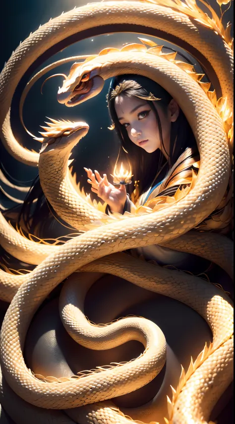 Kizi，Snake demon，(Beautiful feet), (Beautiful fingers)，long whitr hair, glowing hairs, (Ultra-detailed hand close-up), ((Detaile...