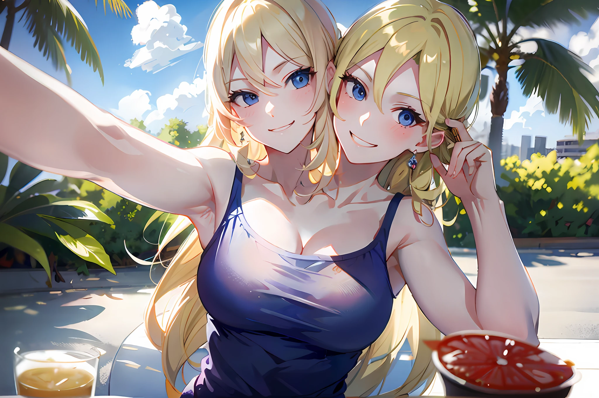 (masterpiece, best quality), best resolution, (2heads:1.5), 1girl, blond hair, blue eyes, white tank top, winking, smiling for the camera, at a park, outside, selfie