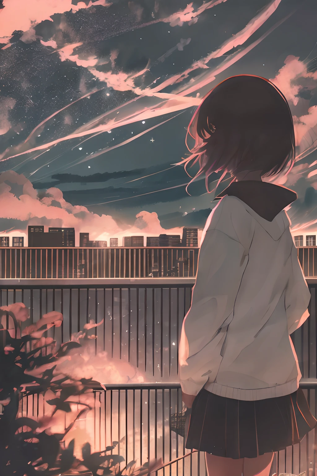 anime,silhueta,1girl, estrela (heaven), Cloud, Cityscape, Barcelona from Park güell building, cidade, ao ar livre, highrise, Luzes da cidade, Noite, night sky, Sunset, Skyline, obra prima, HD 8k