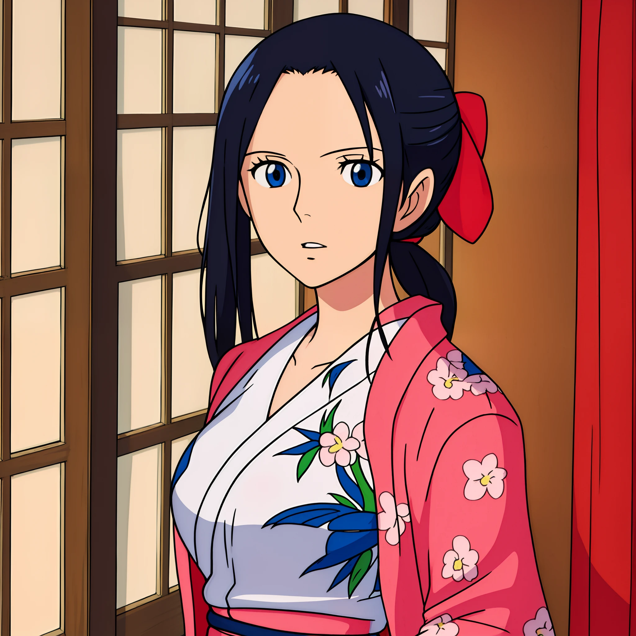 ((best quality)), ((masterpiece)), ((detailed background)), ((high quality illustration)), nico robin, wanostyle, 1girl, solo, black hair, black jacket, blue eyes, breasts, cleavage, collarbone, hair ribbon, (jacket, jacket on shoulders, japanese clothes, kimono), large breasts, long hair, looking at viewer, obi, parted lips, ponytail, (print jacket, print kimono, red ribbon, ribbon, sash), indoors, white kimono, upper body, close up, miyazaki hayao