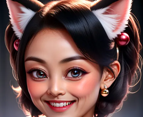 black hair, hair bobbles, wince, longeyelashes, solid circle eyes, fake animal ears, light smile, ear blush, fang, surrealism, a...