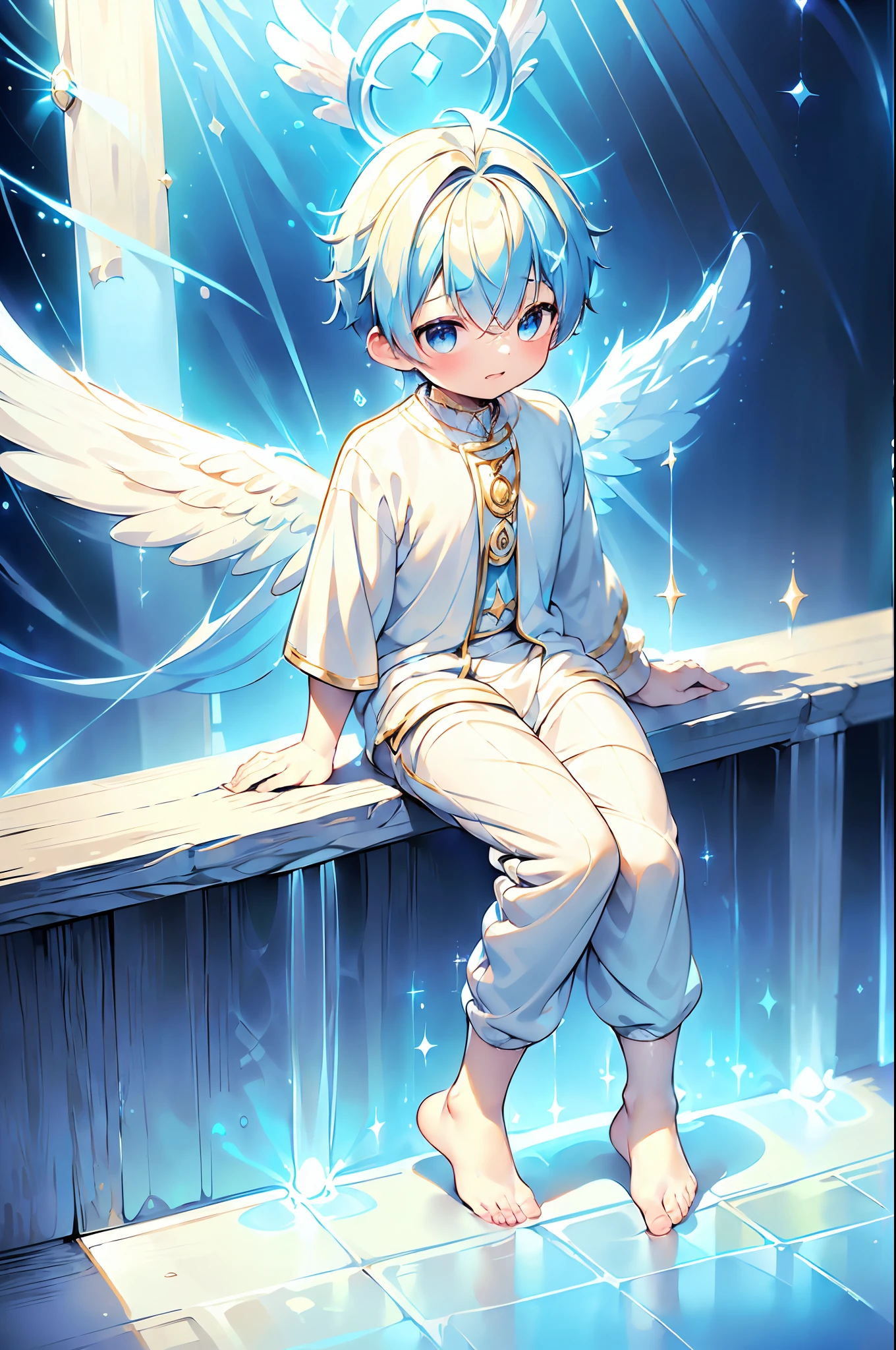 4k, (Masterpiece:1), Little boy with blue colored hair and shiny, glowing cyan eyes and barefoot and angel wings on his back, wearing divine clothes, sitting on a sidewalk, young, boy, child, small, toddler, tiny feet, focus on feet, sexy feet, blushing, (Young:1.4), (Child:1.4), (Shota:1.4), (male:1.4), (boy:1.4), (divine:1.4), (divine clothes:1.4)