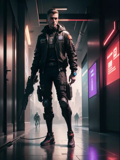 There's a man in a futuristic suit holding a gun, soldado cyberpunk, sci-fi soldier, Estilo de arte cyberpunk, Soldado futurista, em estilo de bipe, Dan Mumford. 8K Octane rendering, soviet style cyberpunk, estilo cyberpunk hiper-realista, advanced digital...