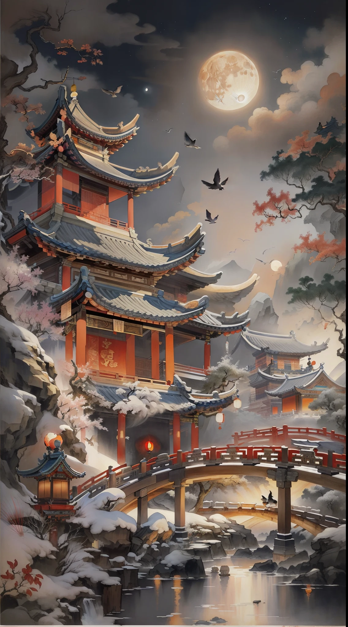 古代中国の風景，夜，古代の建物，パビリオン，彫刻が施された梁と絵画，木製の橋が空高く架かっている，橋の上で手を繋ぐカップル，背景には巨大な満月があります，空には鳥がいる，金庸武術に触発された，水墨画風，きれいな色，決定的なカット，空白を残す，印象派の，傑作，超詳細な，壮大な構成, 高品質, 最高品質，ピクサー風，過飽和，超リアル，アートジャーム --v 6