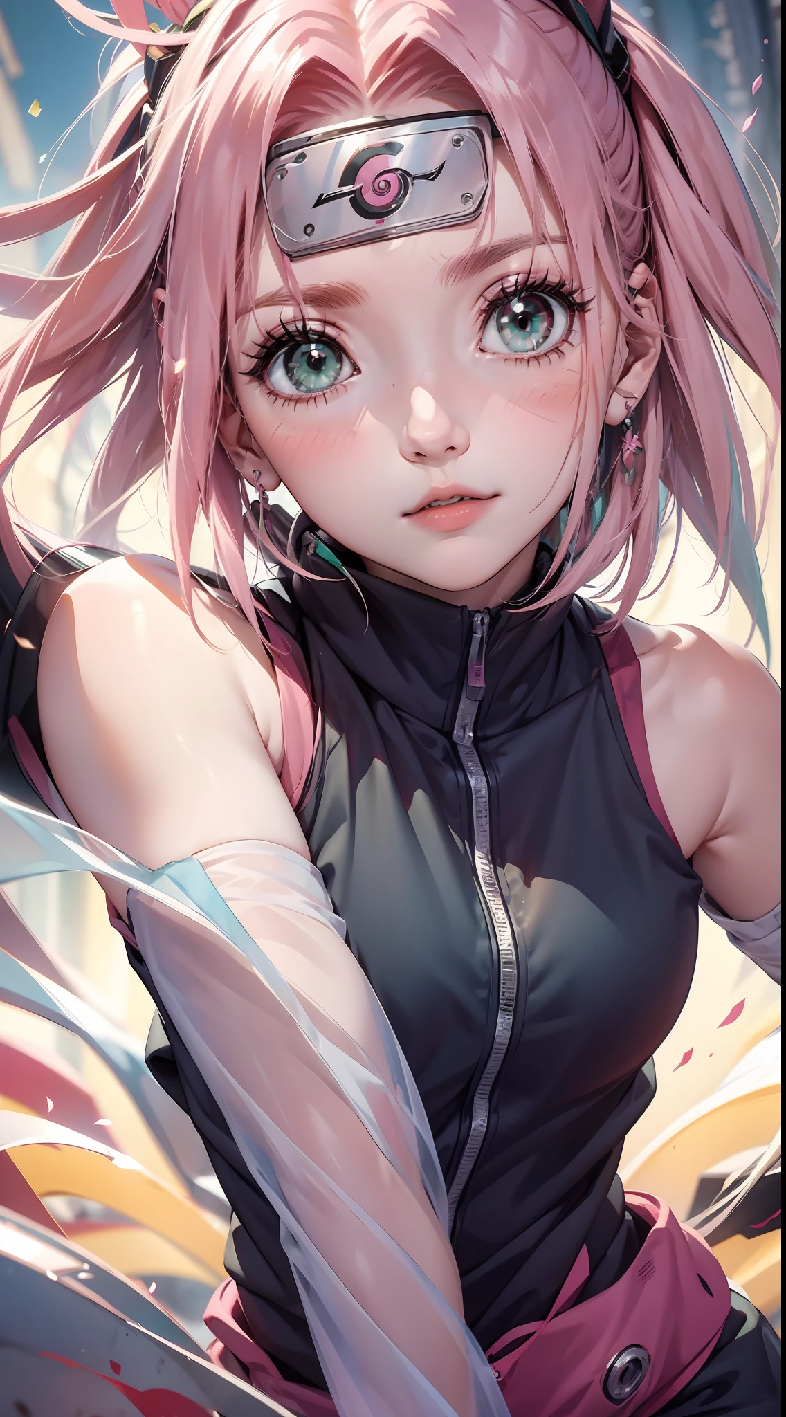 Animar《Naruto》Sakura Haruno en el medio，1 chica，Solo,La parte superior del cuerpo，poses dinámicas，Rasgos faciales perfectos，cara delicada，ojos verdes，correr，combates，la mejor calidad，obra maestra，8K，