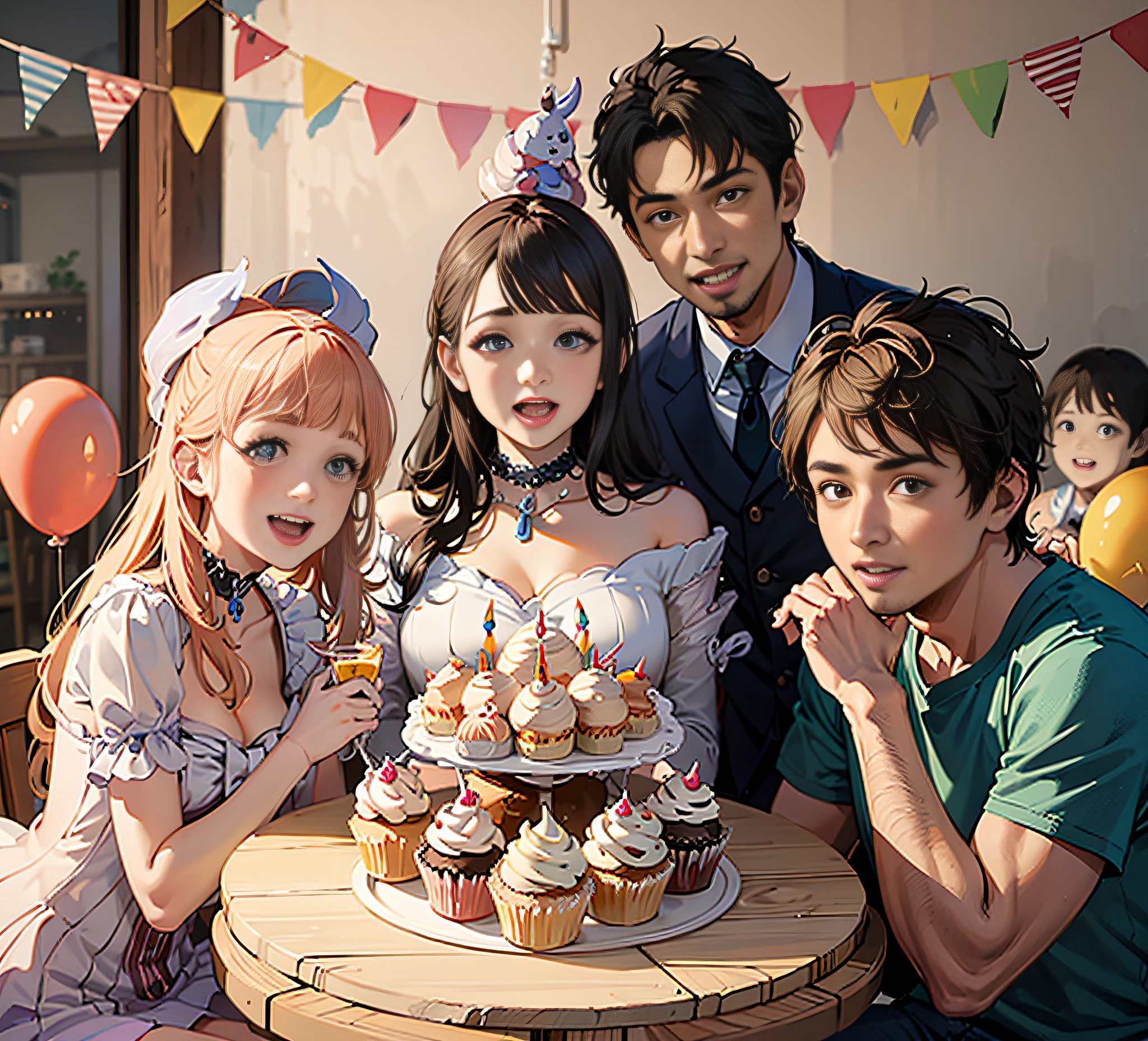 There were 4 people posing for a photo with cupcakes, film promotional image, Birthday party, japanese live action movie, still from live action movie, live-action movie scenes, celebrating a birthday, 8k octan advertising photo, happy birthay, in birthday party, anime party of friend of wisdom, shot on canon eos r 5