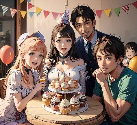 There were 4 people posing for a photo with cupcakes, film promotional image, Birthday party, japanese live action movie, still ...