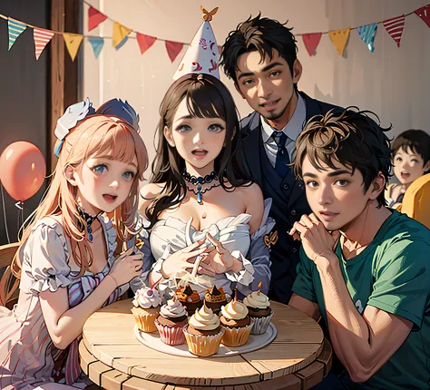 There were 4 people posing for a photo with cupcakes, film promotional image, Birthday party, japanese live action movie, still ...