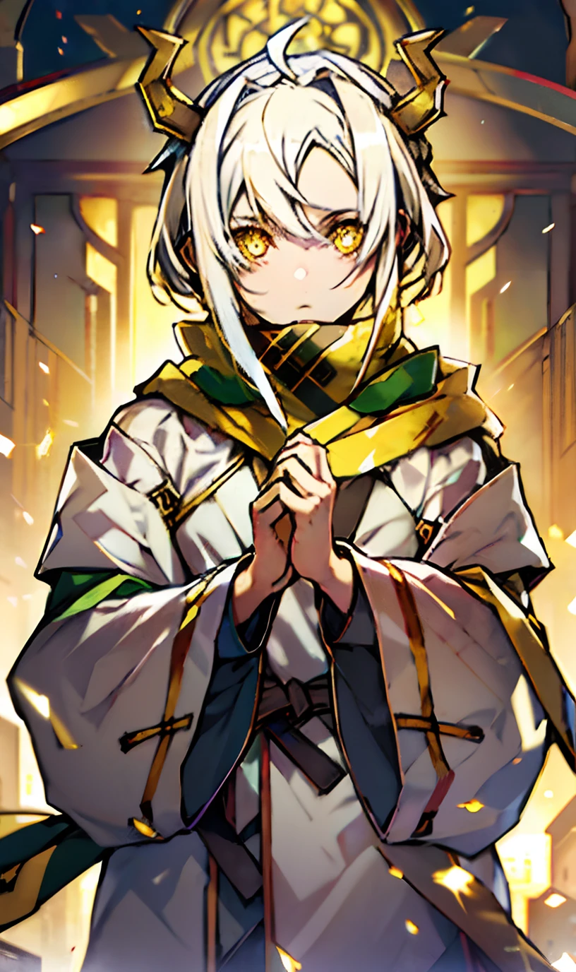 (Masterpiece:1.2),Best quality,Pisif,Taoist,(Meditation:1.1),Solo,((Brown horn)),((green scarf)),((White hair)),Short hair,ahoge,(french braid),Green hairpins,(((golden yellow eyes)))