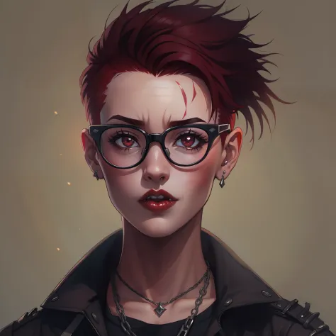 female with short shaved dark red hair, wearing glasses, villain, wearing casual punk clothing, lip piercings