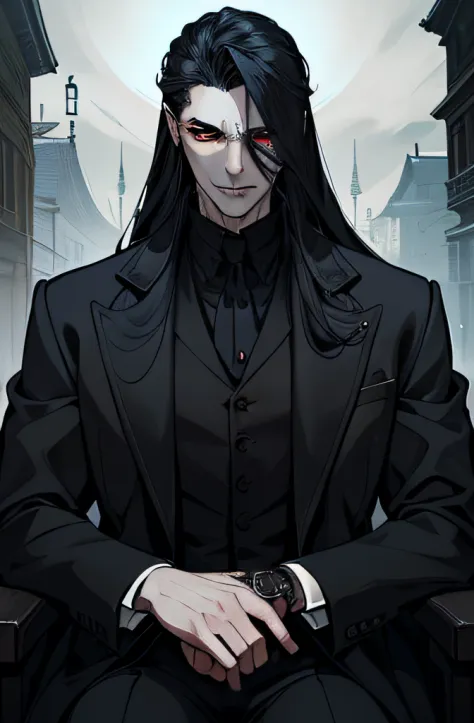 The vampire wears a long black coat，The coat fits snugly to its slender figure，It shows a mysterious and majestic atmosphere。The...