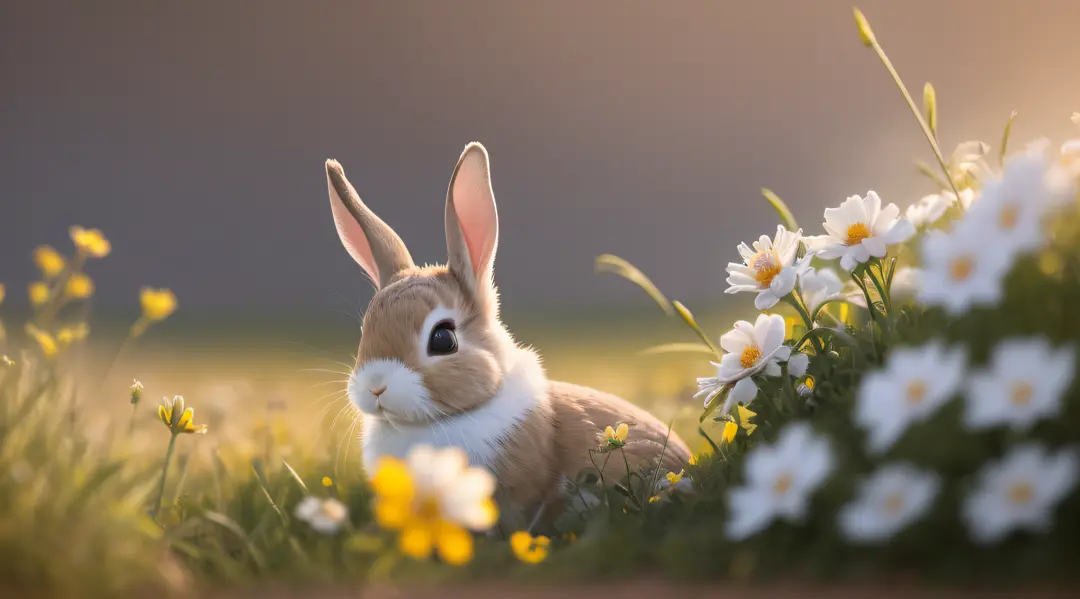 Close-up photo of a rabbit in Sunshine Park，clean backdrop，depth of fields，largeaperture，photography of，butterflys，volume fog，Halo，blooms，Dramatic atmosphere，at centre，the rule of thirds，200 mm 1.4F macro shooting