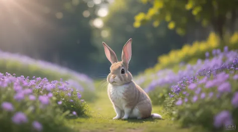 Close-up photo of a rabbit in Sunshine Park，clean backdrop，depth of fields，largeaperture，photography of，butterflys，volume fog，Halo，blooms，Dramatic atmosphere，at centre，the rule of thirds，200 mm 1.4F macro shooting