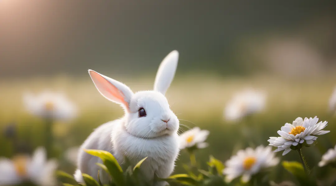 Close-up photo of white rabbit in Sunshine Park，clean backdrop，depth of fields，largeaperture，photography of，butterflys，volume fog，Halo，blooms，Dramatic atmosphere，at centre，the rule of thirds，200 mm 1.4F macro shooting