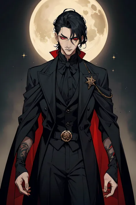 The vampire wears a long black coat，The coat fits snugly to its slender figure，It shows a mysterious and majestic atmosphere。The...