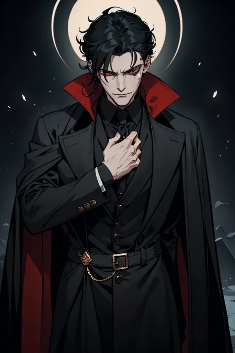 The vampire wears a long black coat，The coat fits snugly to its slender figure，It shows a mysterious and majestic atmosphere。The...