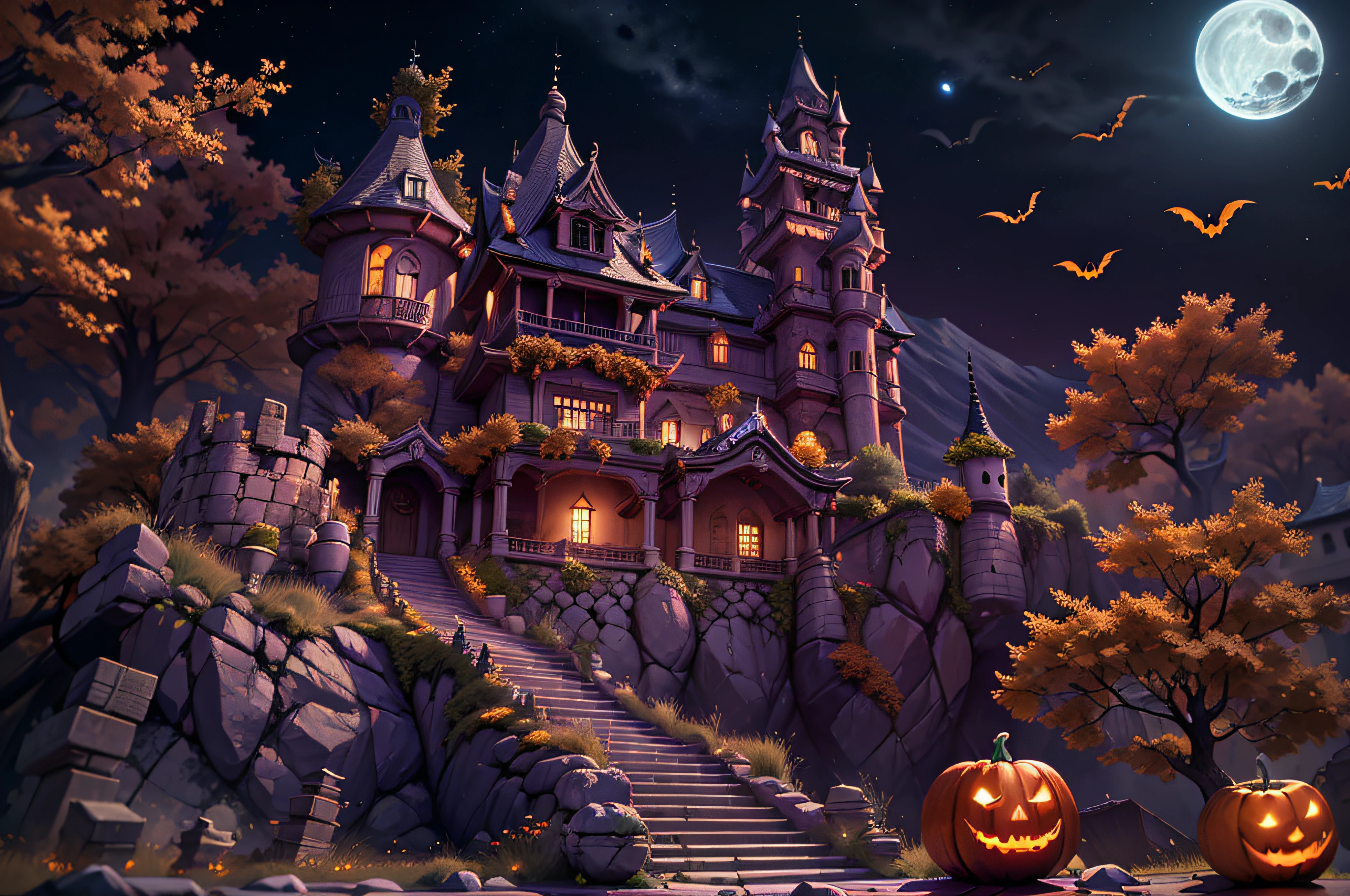 Halloween、riesiger Vollmond、Halloween-Plakat、Kürbisse、die Fledermäuse、Meisterwerk、Top Qualität、Top Qualität、realistisch、8k 、Hochdetaillierte CG、hohe Auflösung、ultra-detailliert、fein detailliert、Mondscheinnacht Fantasy Festung、Beleuchtung wie im Film、 Jack-o'-lantern、Schlösser, Westburg auf dem Gipfel des Berges、mont、verwelkte riesige Äste