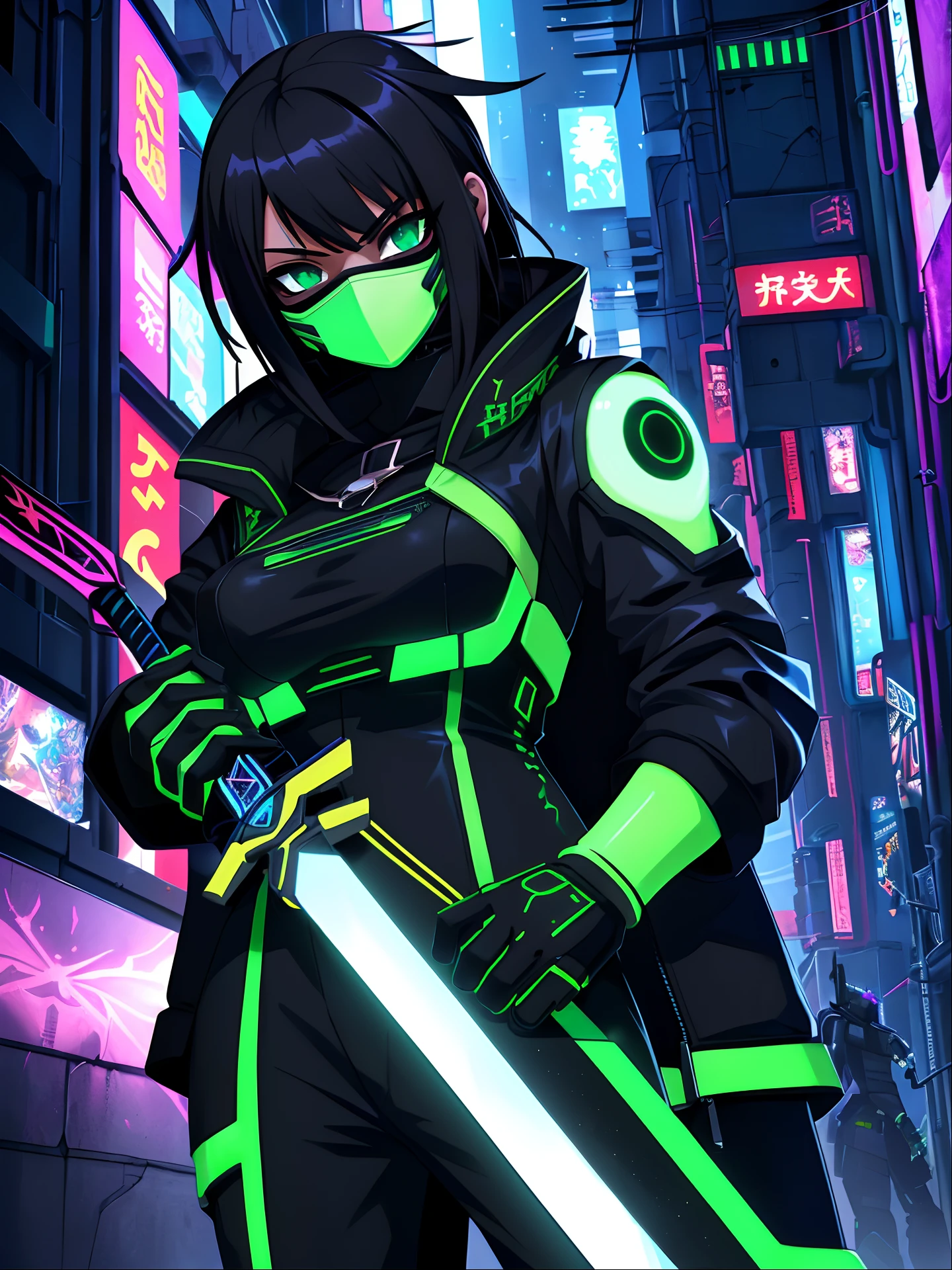 2 in a black outfit holding a sword and a green mask, 3 d render arte do caractere 8 k, samurai cyberpunk muito bonito, assassino cyberpunk, badass anime 8 k, garota anime cyberpunk, Digital Cyberpunk - Arte de Anime, arte digital do anime cyberpunk, deviantart artstation cgscosiety, no estilo cyberpunk, Garota de anime cyberpunk com capuz, menina de anime cyberpunk feminino