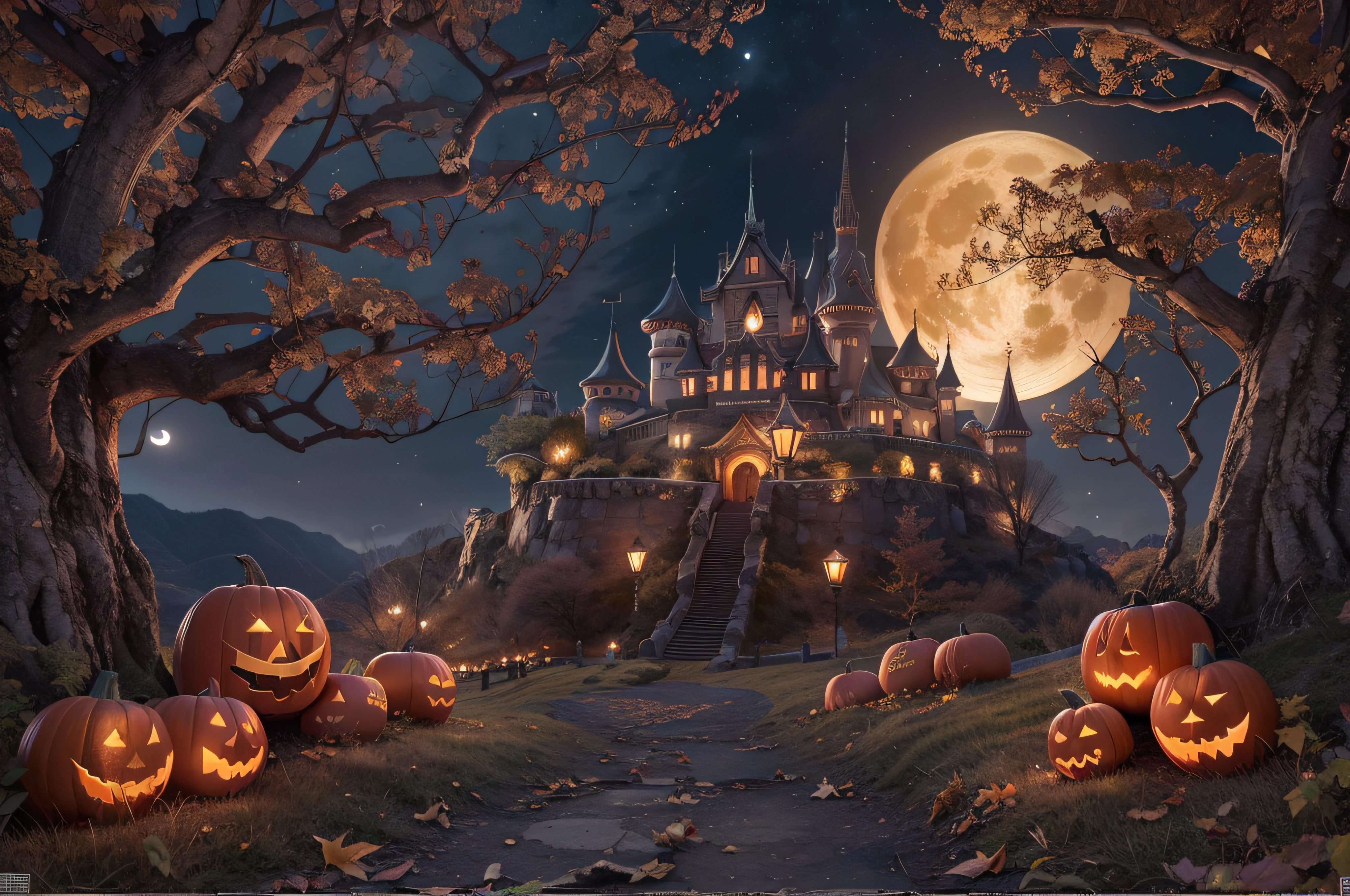 Halloween、Huge Full Moon、Halloween Poster、pumpkins、the bats、​masterpiece、top-quality、top-quality、realisitic、8k 、Highly detailed CG、hight resolution、ultra-detailliert、finely detail、Moonlit Night Fantasy Fortress、lighting like a movie、 Jack-o'-lantern、Castles, Western castle at the top of the mountain、mont、withered huge branches