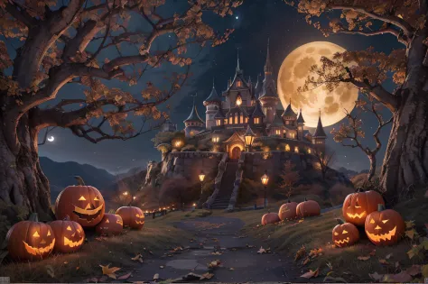 Halloween、Huge Full Moon、Halloween Poster、pumpkins、the bats、​masterpiece、top-quality、top-quality、realisitic、8k 、Highly detailed ...
